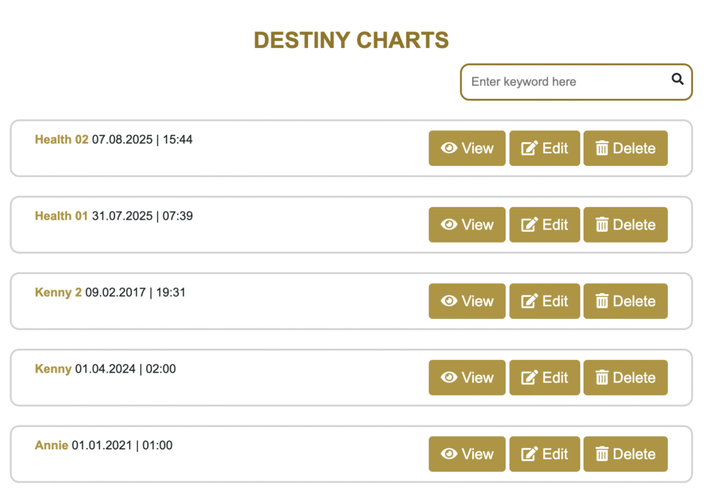 List of saved destiny charts with a search box and view, edit and delete buttons